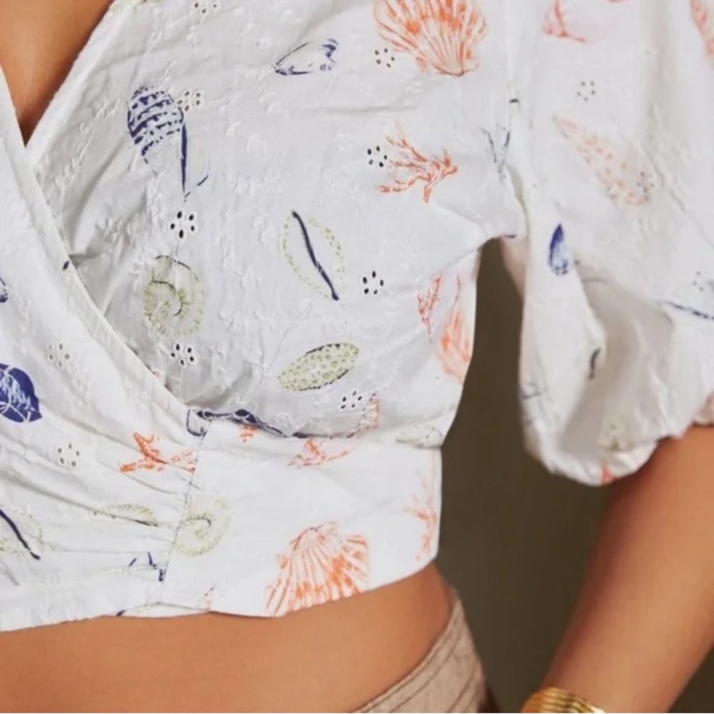 Anthropologie White and Orange Pajama Set with Whimsical Design Seashells Sea M2 - Picture 8 of 10
